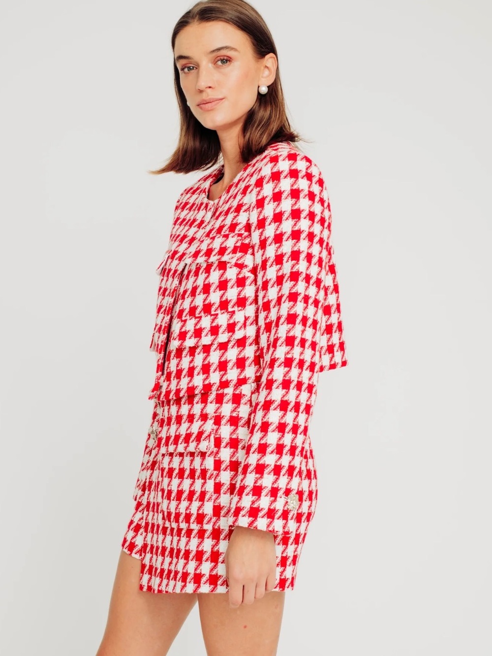 Torn by Ronny Kobo Coco Jacket And Skort Houndstooth Red White Womens L RARE